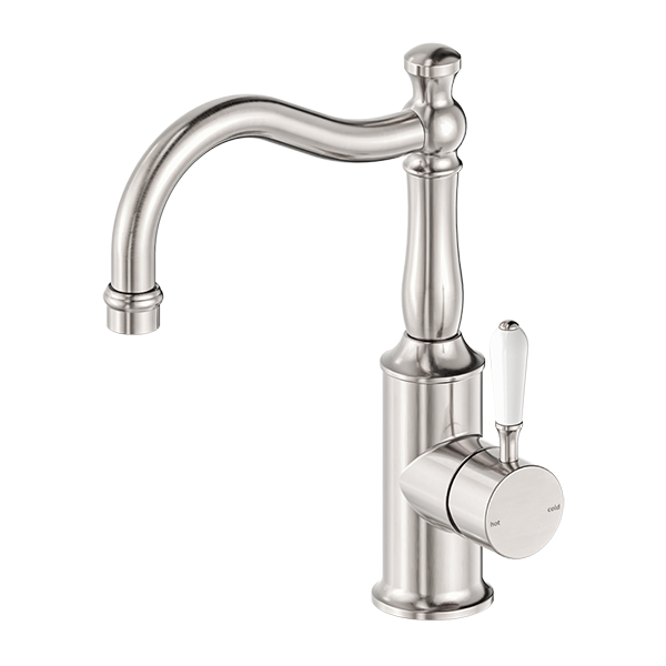 Nero York Basin Mixer Hook Spout with White Porcelain Lever