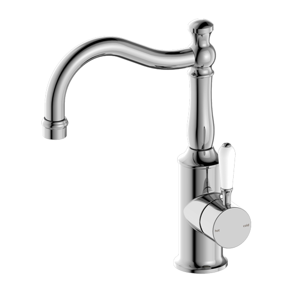 Nero York Basin Mixer Hook Spout with White Porcelain Lever