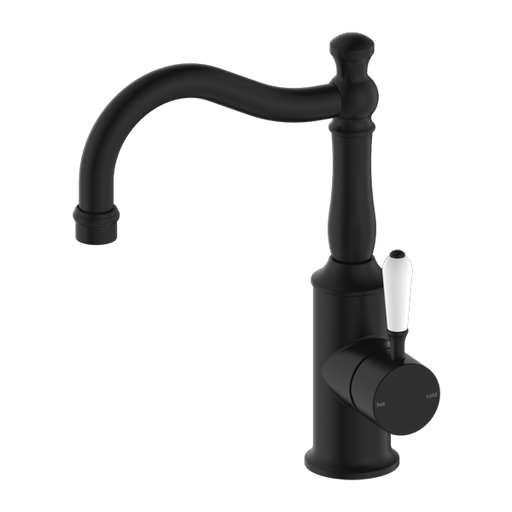 Nero York Basin Mixer Hook Spout with White Porcelain Lever