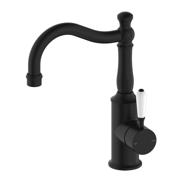 Nero York Basin Mixer Hook Spout with White Porcelain Lever