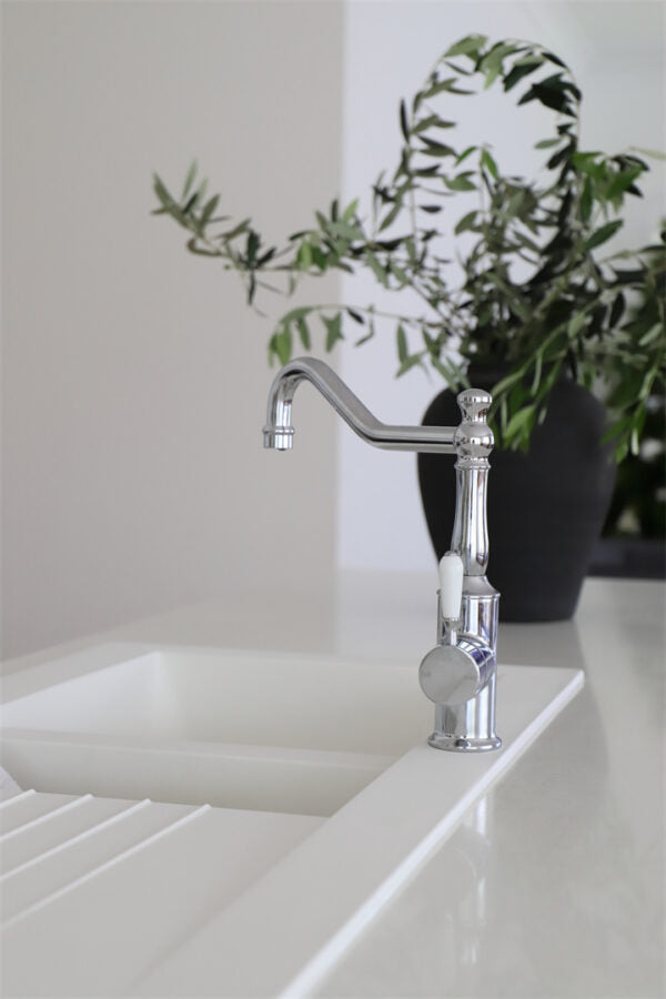 Nero York Kitchen Mixer Hook Spout with White Porcelain Lever