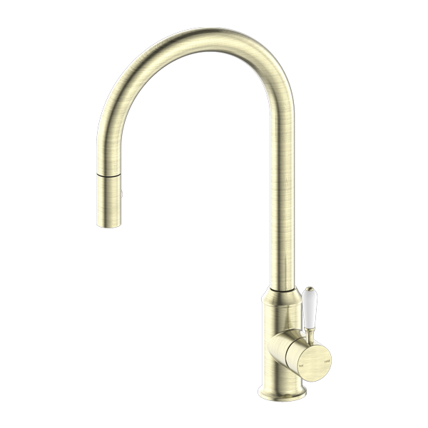 Nero York Pull Out Sink Mixer with Vegie Spray Function with White Porcelain Lever