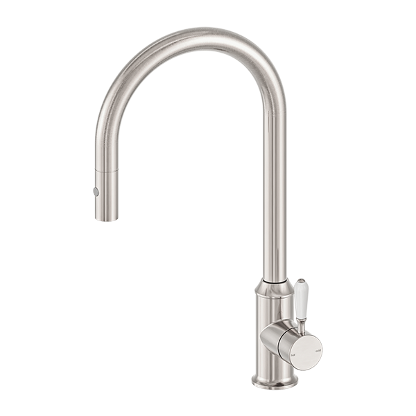 Nero York Pull Out Sink Mixer with Vegie Spray Function with White Porcelain Lever