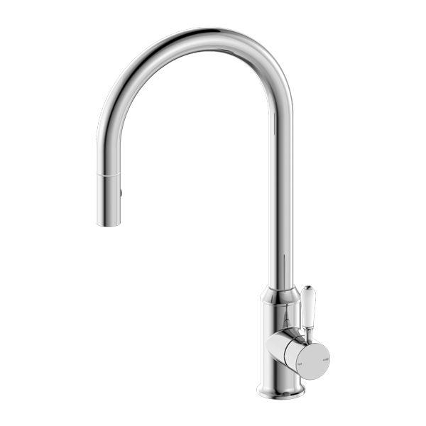 Nero York Pull Out Sink Mixer with Vegie Spray Function with White Porcelain Lever