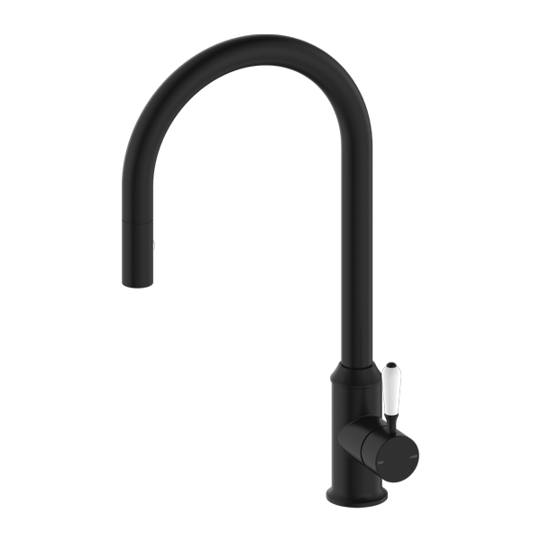 Nero York Pull Out Sink Mixer with Vegie Spray Function with White Porcelain Lever