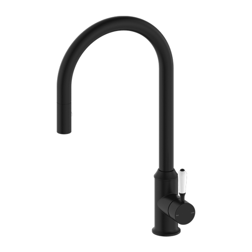 Nero York Pull Out Sink Mixer with Vegie Spray Function with White Porcelain Lever