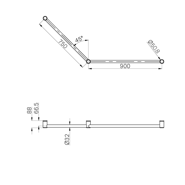 Nero Mecca Care 32mm DDA Accessible Toilet Grab Rail Set 45 Degree 750X900mm