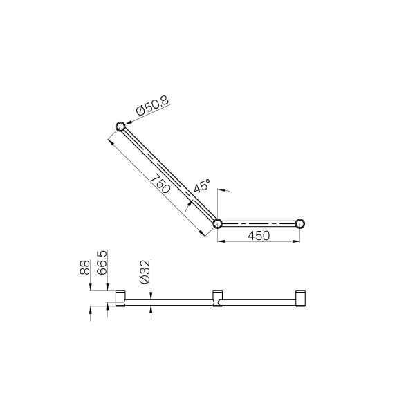 Nero Mecca Care 32mm Ambulant Toilet Grab Rail 45 Degree 750x450mm