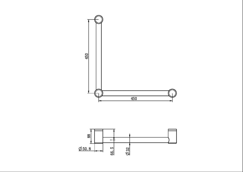 Nero Mecca Care 32mm Ambulant Toilet Grab Rail 90 Degree 450x450mm