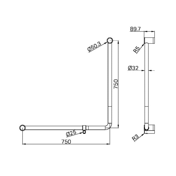 Nero Mecca Care 32mm 90 Degree NZ4121 Accessible Toilet Grab Rail 750X750mm