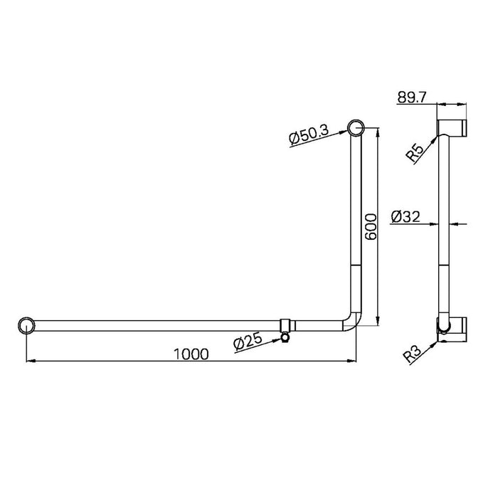 Nero Mecca Care 32mm DDA Accessible Toilet 90 Degree Bent Tube Grab Rail 600X1000mm