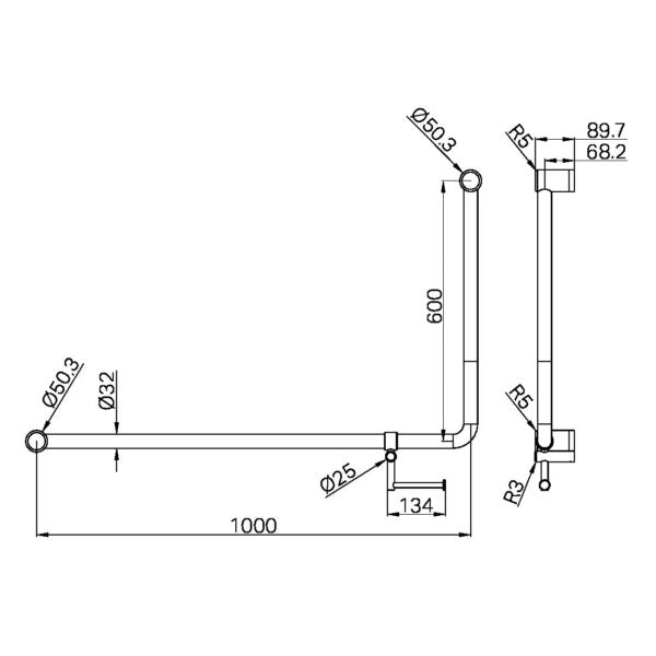 Nero Mecca Care 32mm DDA Accessible Toilet 90 Degree Bent Tube Grab Rail 600X1000mm With Toilet Roll Holder