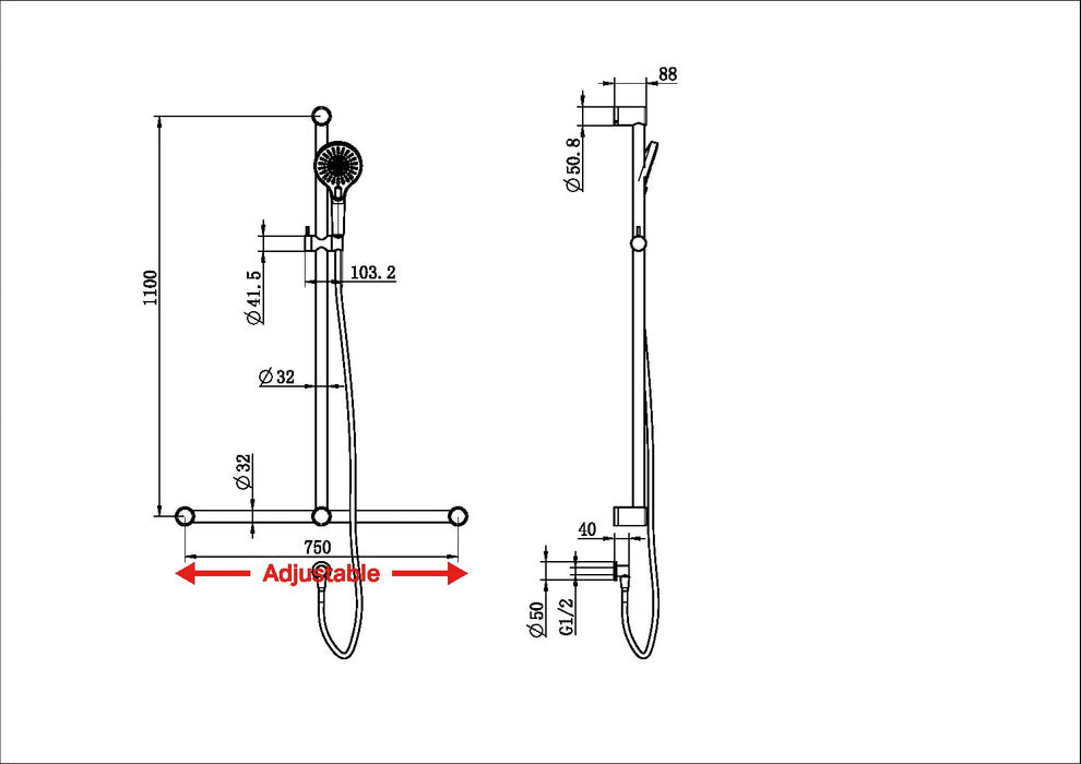 Nero Mecca Care 32mm T Bar Grab Rail and Adjustable Shower Set 1100x750mm