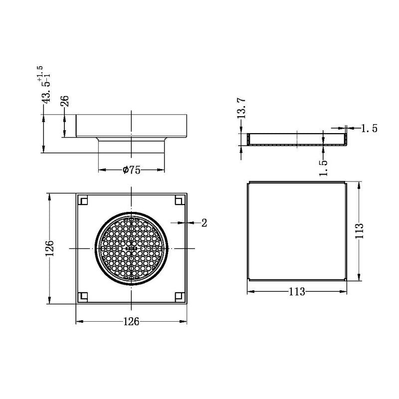 Nero 130MM Square Tile Insert Floor Waste 80MM Outlet