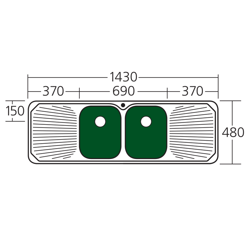 Oliveri Petite Double Bowl Sink With Double Drainer 1430mm Centre Dbl Bowl