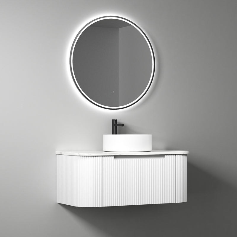 Aulic Petra Mark II Wall Hung Curving V Groove Matte White Finger Pull Cabinet 900mm