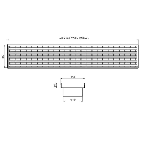 Phoenix Flat Channel Drain HG 100 x 750mm Outlet 90mm