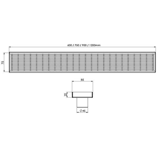 Phoenix Flat Channel Drain HG 75 x 1200mm Outlet 45mm