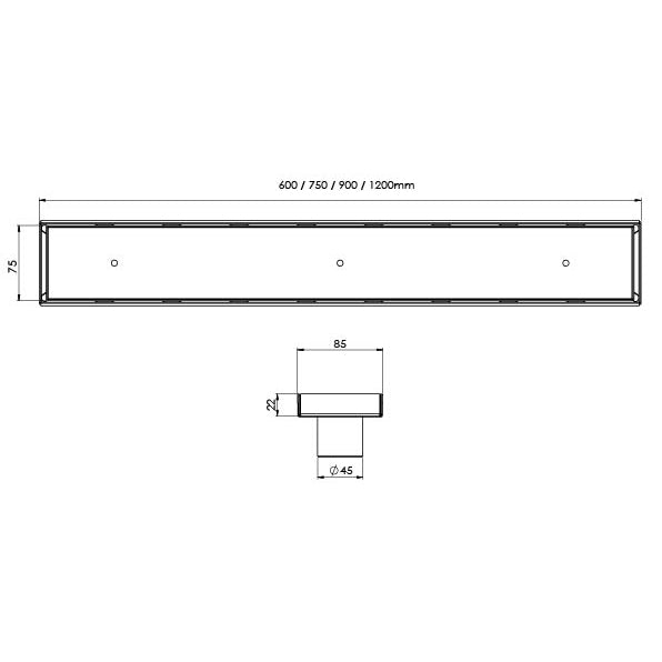 Phoenix Flat Channel Drain TI 75 x 600mm Outlet 45mm