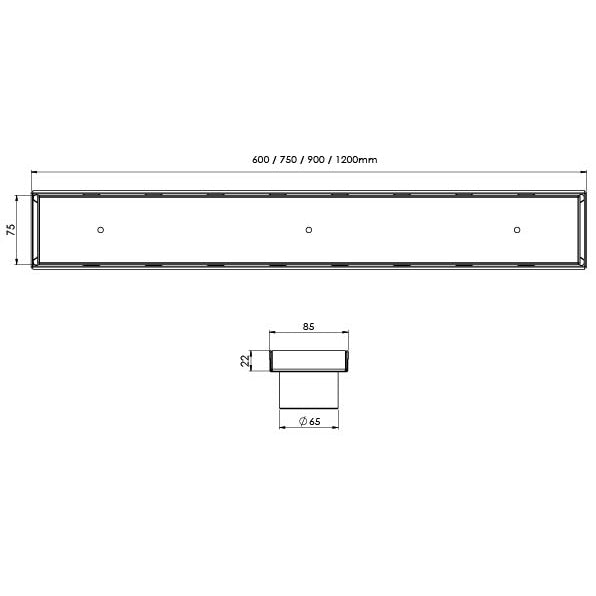 Phoenix Flat Channel Drain TI 75 x 600mm Outlet 65mm
