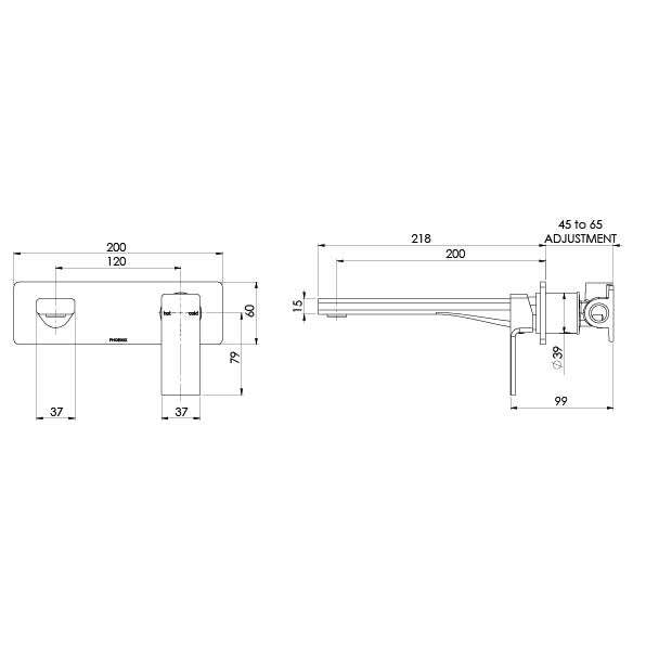 Phoenix Radii Wall Basin Mixer Set 200mm