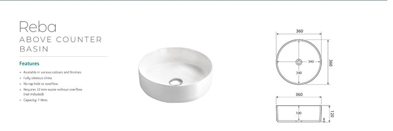 Fienza Reba Above Counter Basin White Gloss Finish