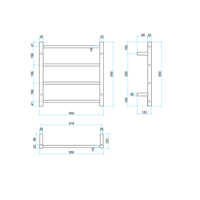 Thermorail Straight/Round 550x550x122mm 41Watts 4 Bars - Brushed Nickel