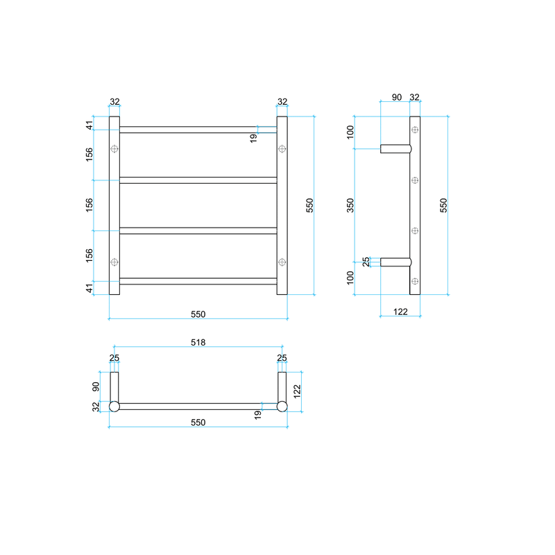 Thermorail Straight/Round 12Volt 550x550x122mm 65Watts 4 Bars - Brushed