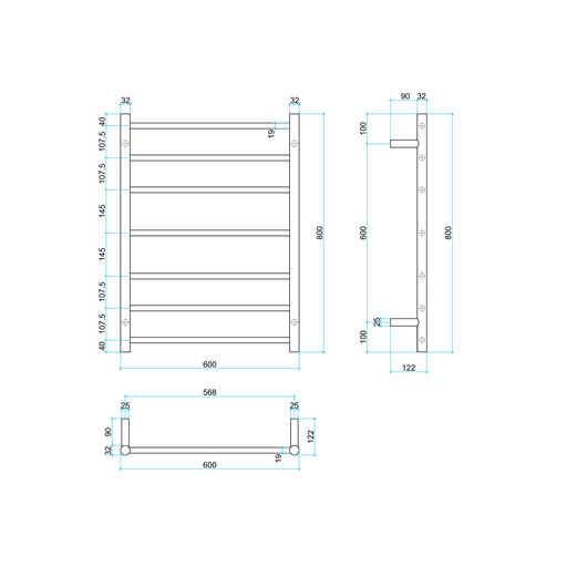 Thermorail Straight/Round 600x800x122mm 80Watts 7 Bars - Brushed