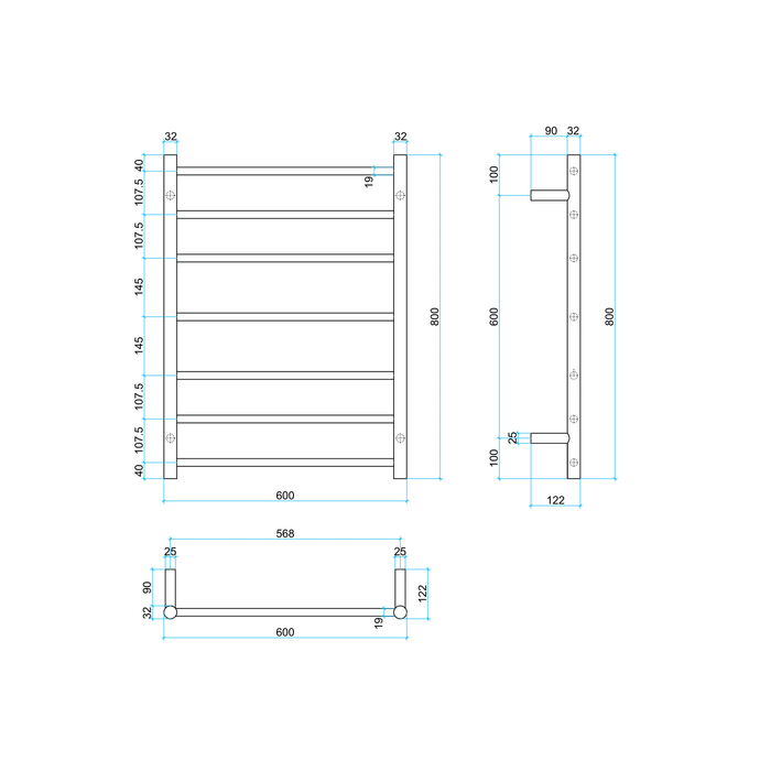 Thermorail Straight/Round 600x800x122mm 80Watts 7 Bars - Brushed