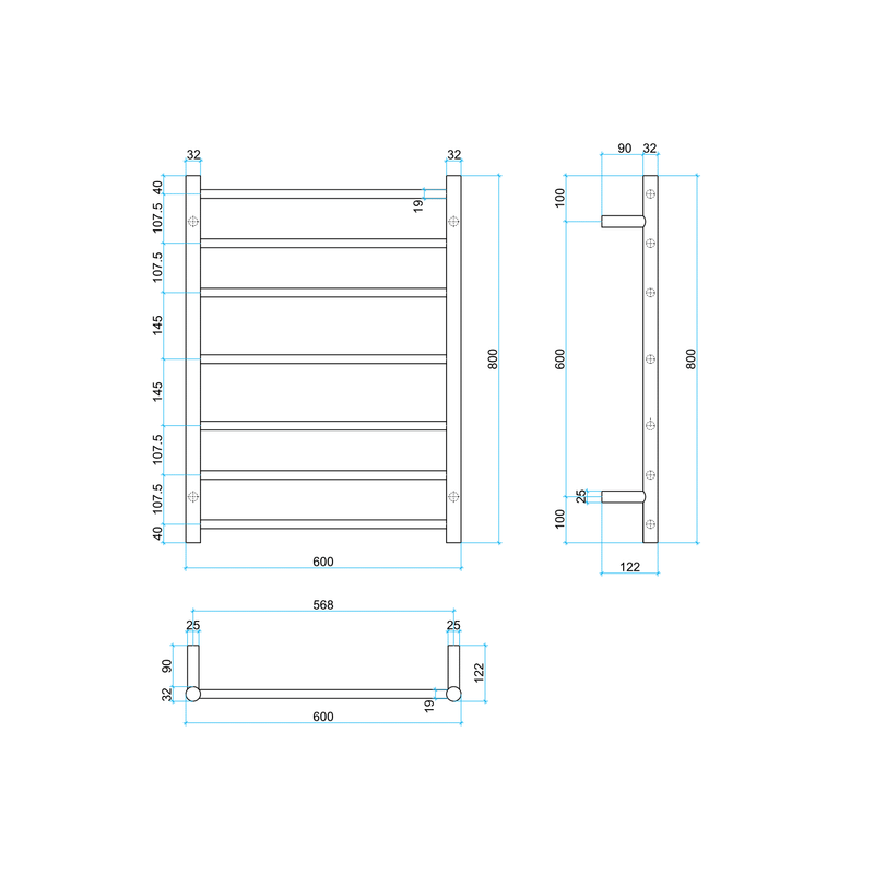 Thermorail Straight/Round 600x800x122mm 80Watts 7 Bars - Brushed Nickel