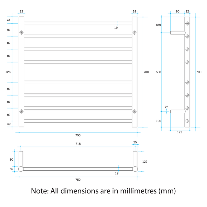 Thermorail Straight/Round 750x700x122mm 104Watts 8 Bars - Brushed