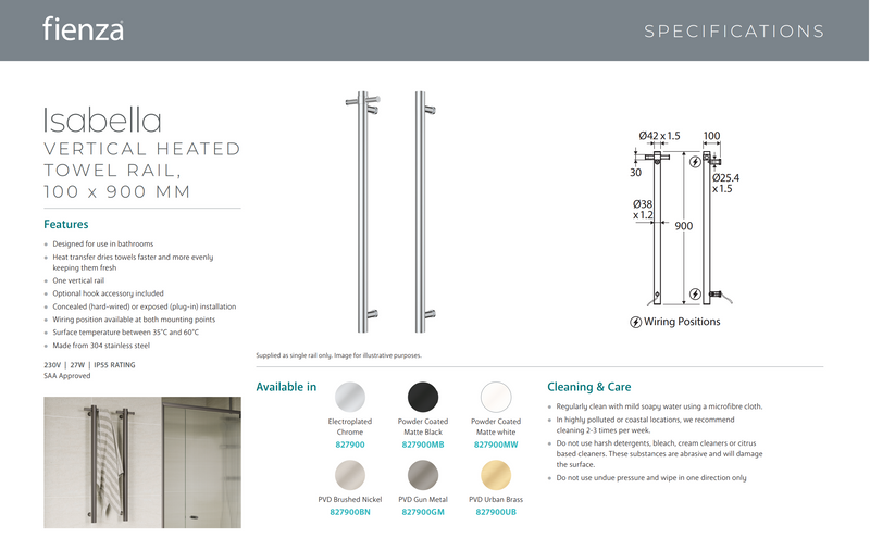 Fienza Isabella Vertical Heated Towel Rail 100 x 900mm Matte Black