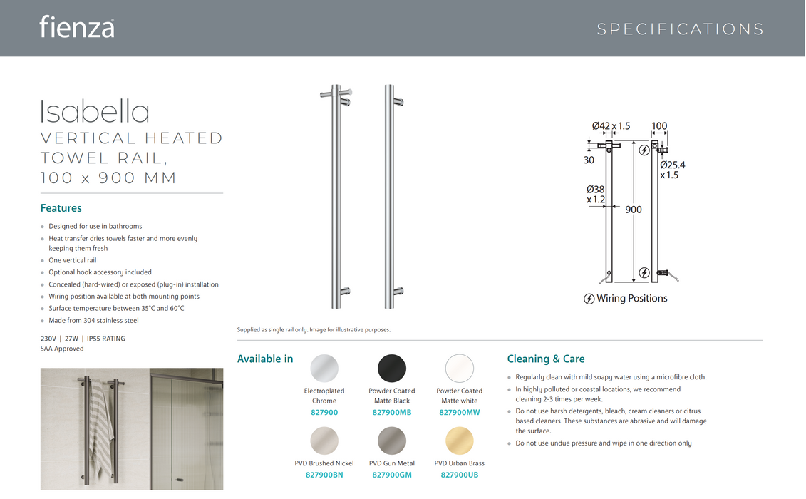 Fienza Isabella Vertical Heated Towel Rail, 100 x 900mm, Matte Black