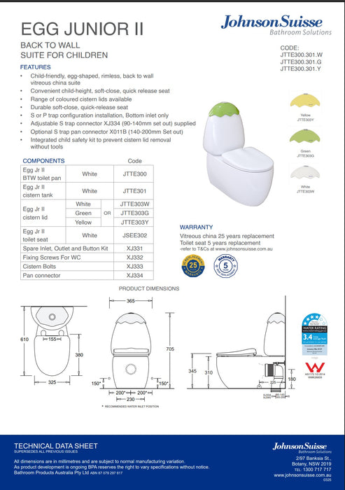 Johnson Suisse Egg Junior II Back To Wall Toilet Suite for Children with Green Cistern Lid