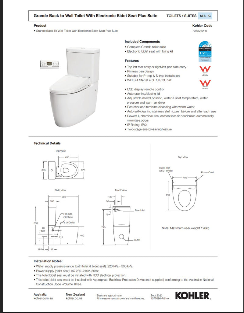 Kohler Grande Back to Wall Toilet With Electronic Bidet Seat Plus Suite - 705226A-0