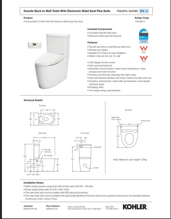 Kohler Grande Back to Wall Toilet With Electronic Bidet Seat Plus Suite - 705226A-0