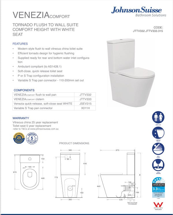 Johnson Suisse Venezia Comfort Tornado Flush To Wall Suite Comfort Height With Seat