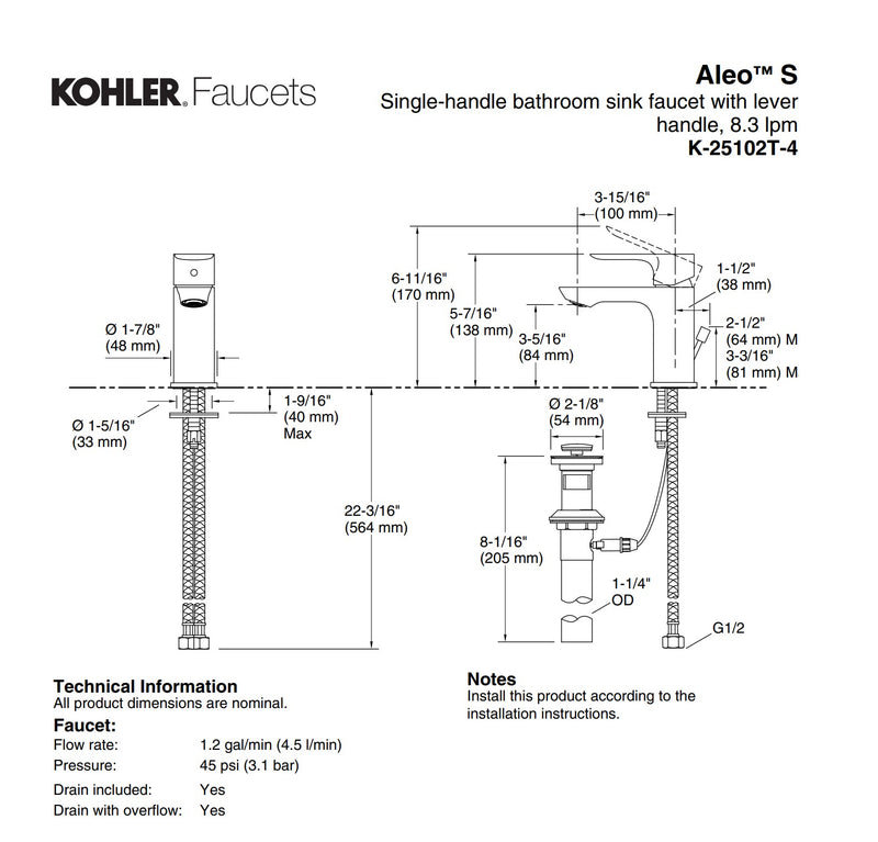 Kohler Aleo S Lever Basin Single Mixer