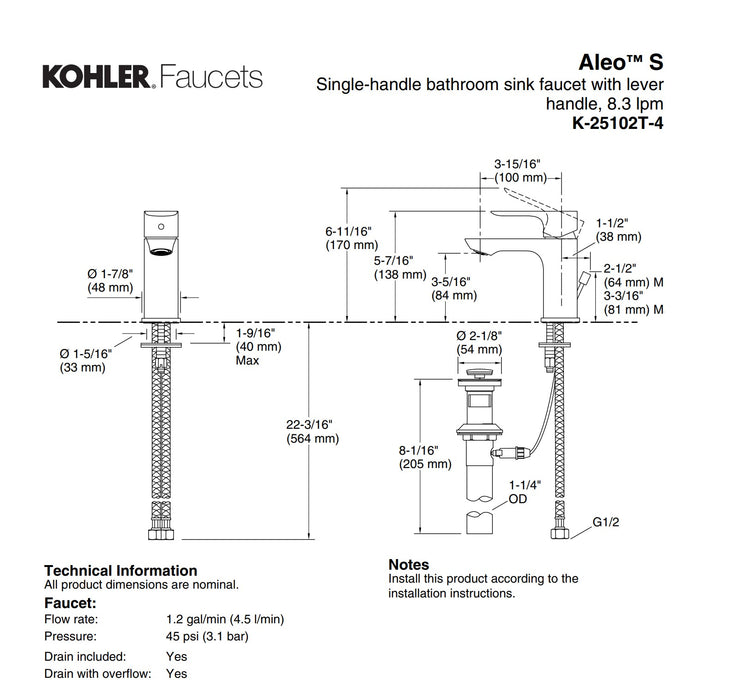 Kohler Aleo S Lever Basin Single Mixer