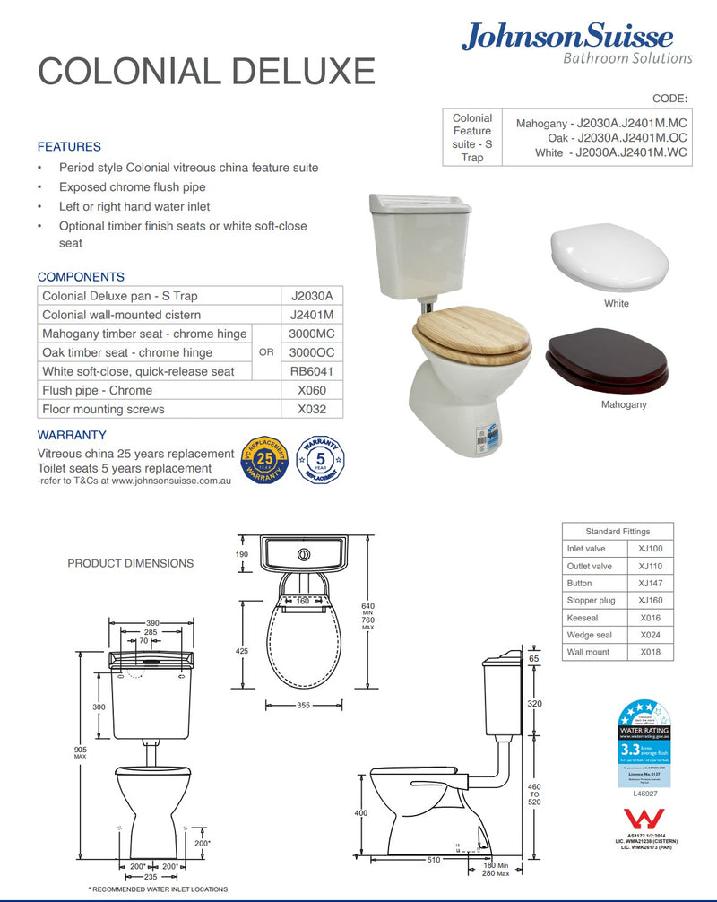 Johnson Suisse  Colonial Feature S Trap Toilet Suite, Mahogany Seat