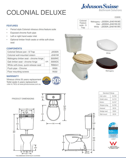 Johnson Suisse  Colonial Feature S Trap Toilet Suite, Mahogany Seat