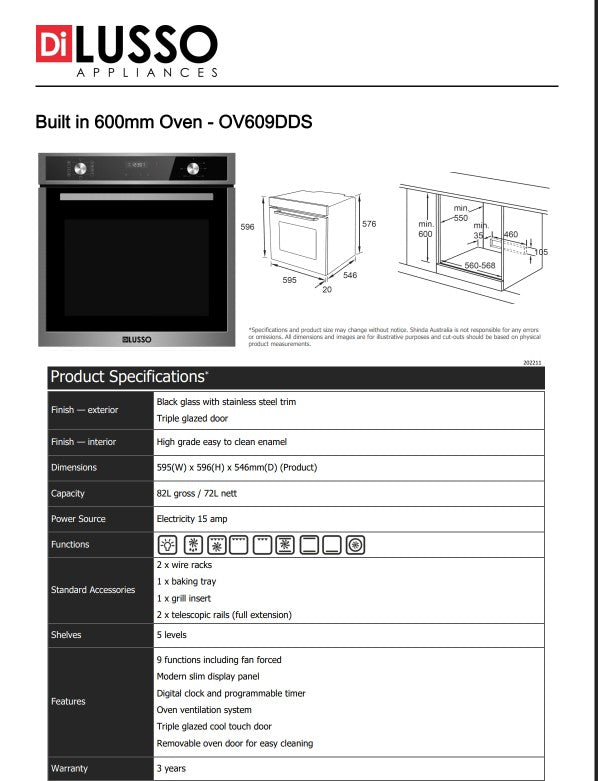 Di Lusso Appliances Electric Oven - 600mm 9 function