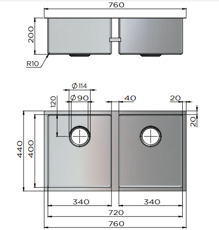 Meir Lavello Kitchen Sink - Double Bowl 760 x 440