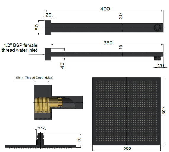 Meir Square Wall Shower w/300mm shower rose w/400mm arm