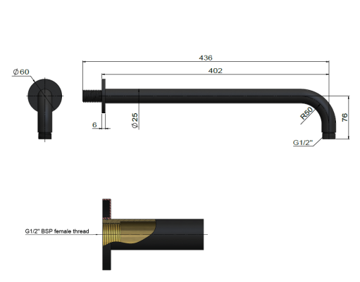 Round Wall Shower Curved Arm 400mm