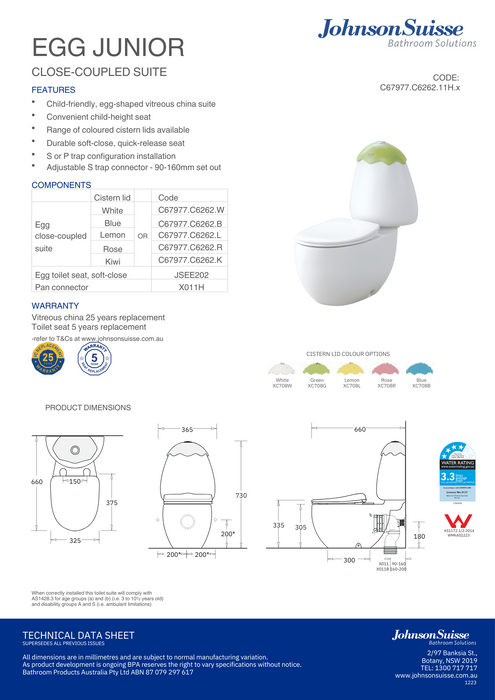 Johnson Suisse Egg Junior Close Coupled Suite, White Cistern Lid, Standard Pan Connector