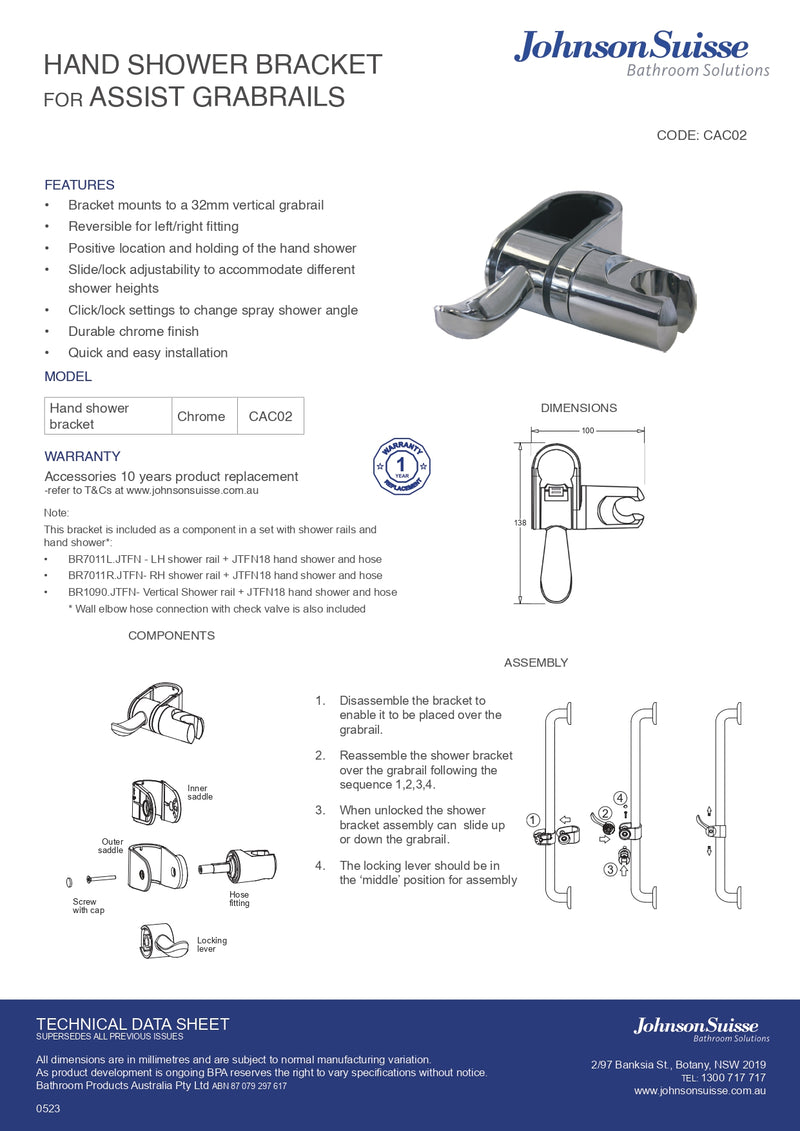 Johnson Suisse Hand Shower Holder For Grab Rail 32mm Chrome
