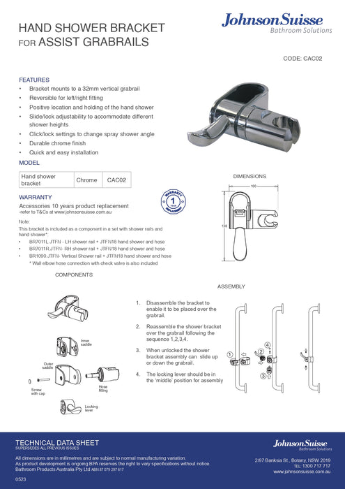 Johnsons Suisse Hand Shower Holder For Grab Rail 32mm Chrome