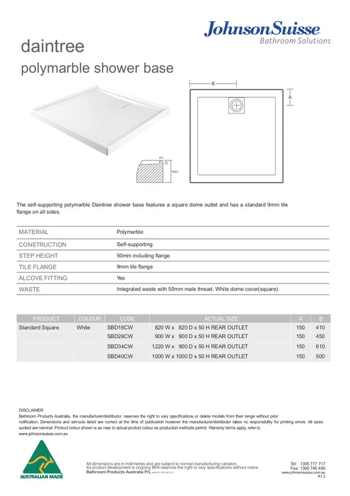 Johnsons Suisse Daintree Polymarble Base 900x900 R/O Wh 4-Sided